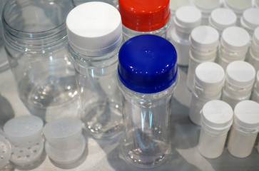 Empty different bottles and jars. Packaging for medicine or cosmetics.