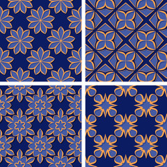 Seamless floral patterns. Set of deep blue 3d backgrounds with orange elements