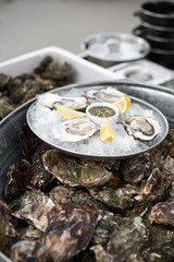 Close Up of Server with Tray of Fresh Shucked Oysters with Lemon Wedges Served as Appetizer