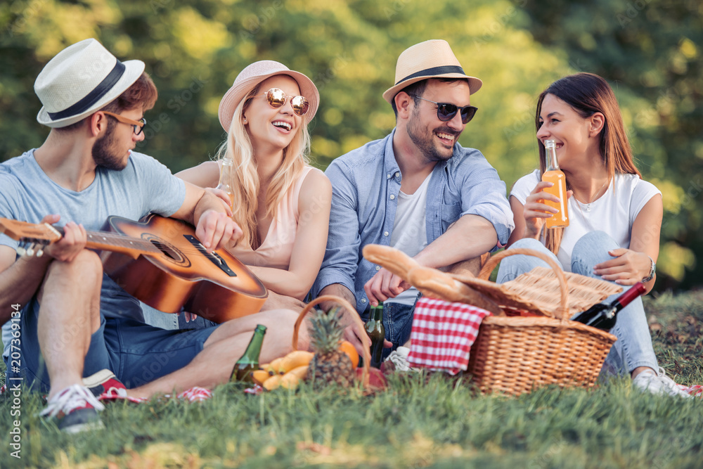 Poster happy young friends having picnic in the park