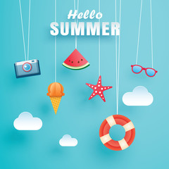 Hello summer with decoration origami hanging on the sky background. Paper art and craft style. Vector illustration of life ring, ice cream, camera, watermelon, sunglass, starfish. - obrazy, fototapety, plakaty