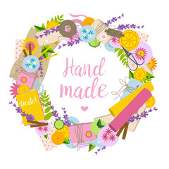 Obraz premium Round frame with tools for handmade hobby