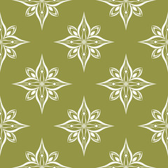 White floral seamless pattern on olive green background