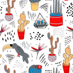 Tropical abstract seamless pattern with cactuses. Line art summer background for your design. Natural vector texture.