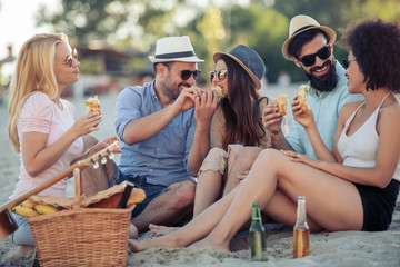 Happy young friends having picnic on the beach