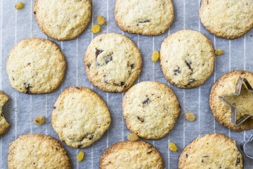 Homemade oatmeal cookies with chocolate chips on a gray kitchen table among accessories for baking. Top view, flat lay