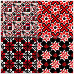 Seamless backgrounds. Black white and red classic sets with floral patterns