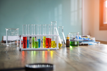 Laboratory Research - Scientific Glassware For Chemical Background with colorful chemical reagent...
