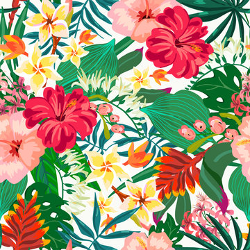 Vector summer natural vintage exotic seamless pattern with tropical leaves, leaves, flowers, hibiscus, orchid. Botanical illustration 