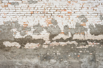 Background of old vintage dirty brick wall with peeling plaster, texture.