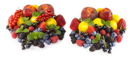 Ripe currants, strawberries, blackberries, bluberries, peaches and yellow plums. Sweet and juicy fruits at border of image with copy space for text. Background of mix fruits on a white. Top view.
