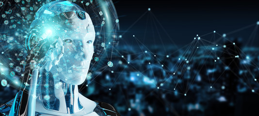 White male humanoid using digital global network 3D rendering