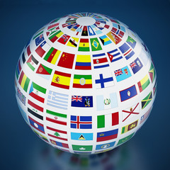 Country flags around the globe on blue background. 3D illustration
