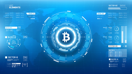 Obraz premium Bitcoin cryprocurrency futuristic vector infographics. Worldwide digital money technology