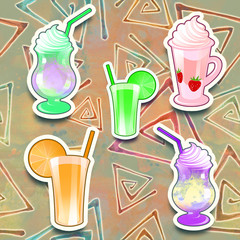 Seamless pattern illustration of tasty smoothie, cocktail and fruit juice on an abstract beautiful colorful background