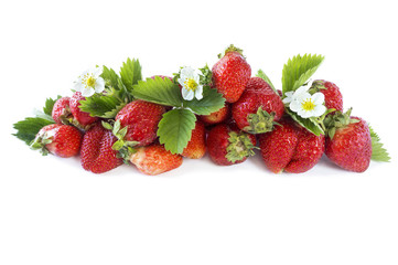 Various fresh summer fruits. Ripe strawberries on white background. Strawberries with copy space for text. Background berries.