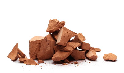 Shattered brick pieces isolated on white background
