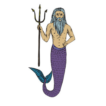 Neptune holding trident, hand drawn outline doodle sketch, vector illustration