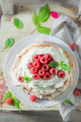 Delicious Pavlova dessert with berries and meringue