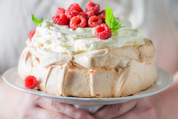 Homemade Pavlova cake with berries and meringue