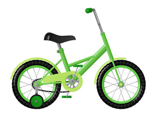 Детский зеленый велосипед со съемными тренировочными колесоми, изолированный на белом фоне