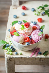 Homemade and sweet ice cream made of fruits and yogurt