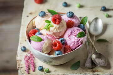 Sweet sand fresh ice cream made of fruits and yogurt