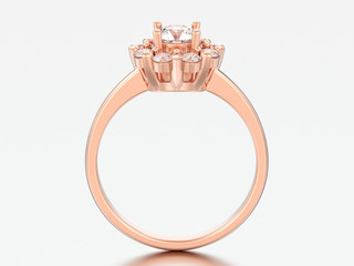 3D illustration rose gold halo wedding diamond ring with heart prongs