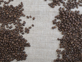roasted coffee beans on a kitchen table. 