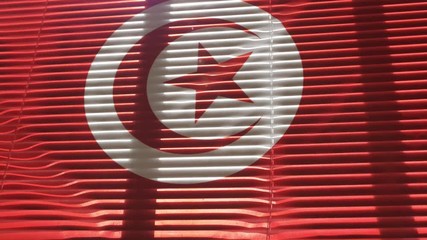 Tunisian flag is hanging at wide jalousie window.