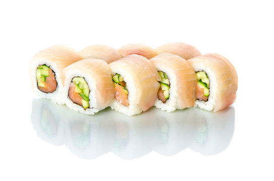 sushi, poppy rolls Tampopo on white background with reflection filling red perch