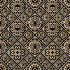 Islamic vector design. Seamless pattern oriental ornament. Black and golden textile print. Floral tiles.