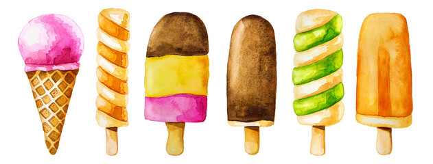 Watercolor clip art set with colorful icecream