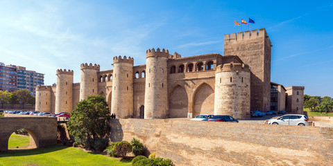 Fototapeta premium ZARAGOZA, SPAIN - SEPTEMBER 27, 2017: View of the palace Aljaferia, built in the 11th century. Copy space for text.