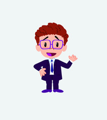 Businessman with glasses waving, happy.