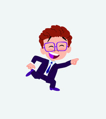 Businessman with glasses running smiling.