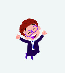 Businessman with glasses jumping for joy.