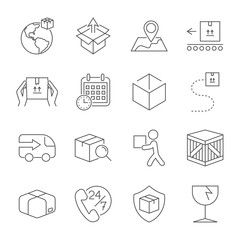 Fototapeta premium Delivery. Set of outline icons. Includes such as downloading, express delivery, search tracking number, courier and more. Editable stroke.