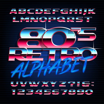 80s retro alphabet font. Metallic effect oblique letters and numbers. Stock vector typography for your design.