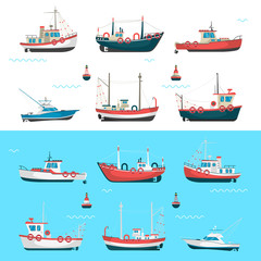 Fishing boats side view and buoys with blue sea background and isolated on white. Side view illustration.