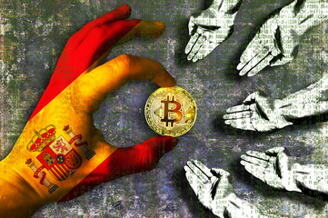 Bitcoin cryptocurrency Spain flag Golden Coin of Bitcoin in the spanish flag hand giving coin in to hands of poor people Grunge background with binary code of matrix effect