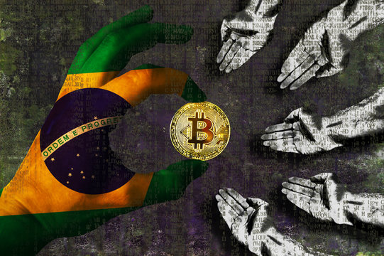 Bitcoin cryptocurrency Brazil flag Golden Coin of Bitcoin in the Brazilian flag hand giving coin in to hands of poor people Grunge background with binary code of matrix effect