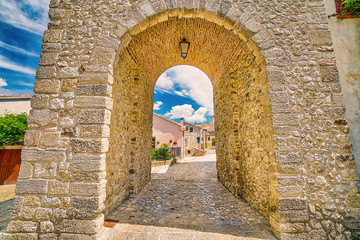 cobblestone alley under ancient arch