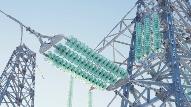 glass insulators on high voltage power cables against sky