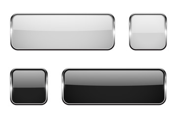 Black and white square glass buttons with metal frame. Set of 3d icons