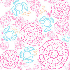 Stylized seamless vector pattern with blue birds and pink flowers on white background
