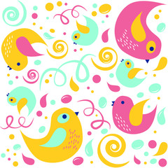 Cartoon colorful birds with dots and lines. Seamless vector pattern for textile, prints, backgrounds and web