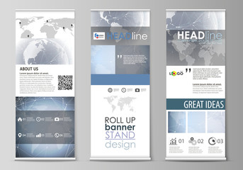 The minimalistic vector illustration of the editable layout of roll up banner stands, vertical flyers, flags design business templates. Abstract futuristic network shapes. High tech background.