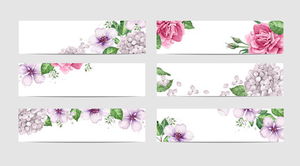 Fototapeta na wymiar Rose Floral banner template in watercolor style.
