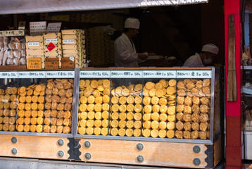 TOKYO, JAPAN - OCTOBER 31, 2017: Street shop with biscuits. Copy space for text.
